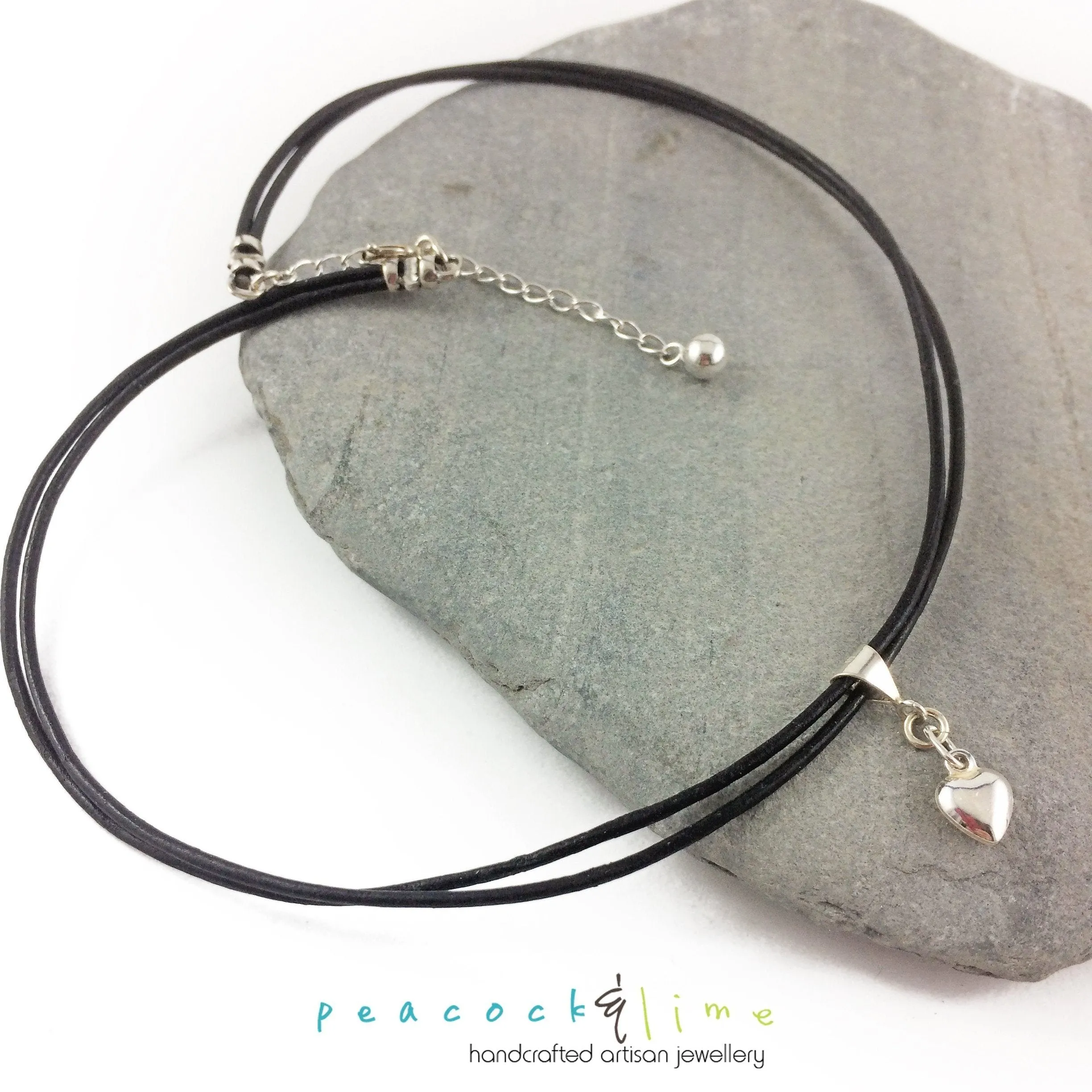 sterling silver puffy heart charm leather choker necklace // wrap bracelet
