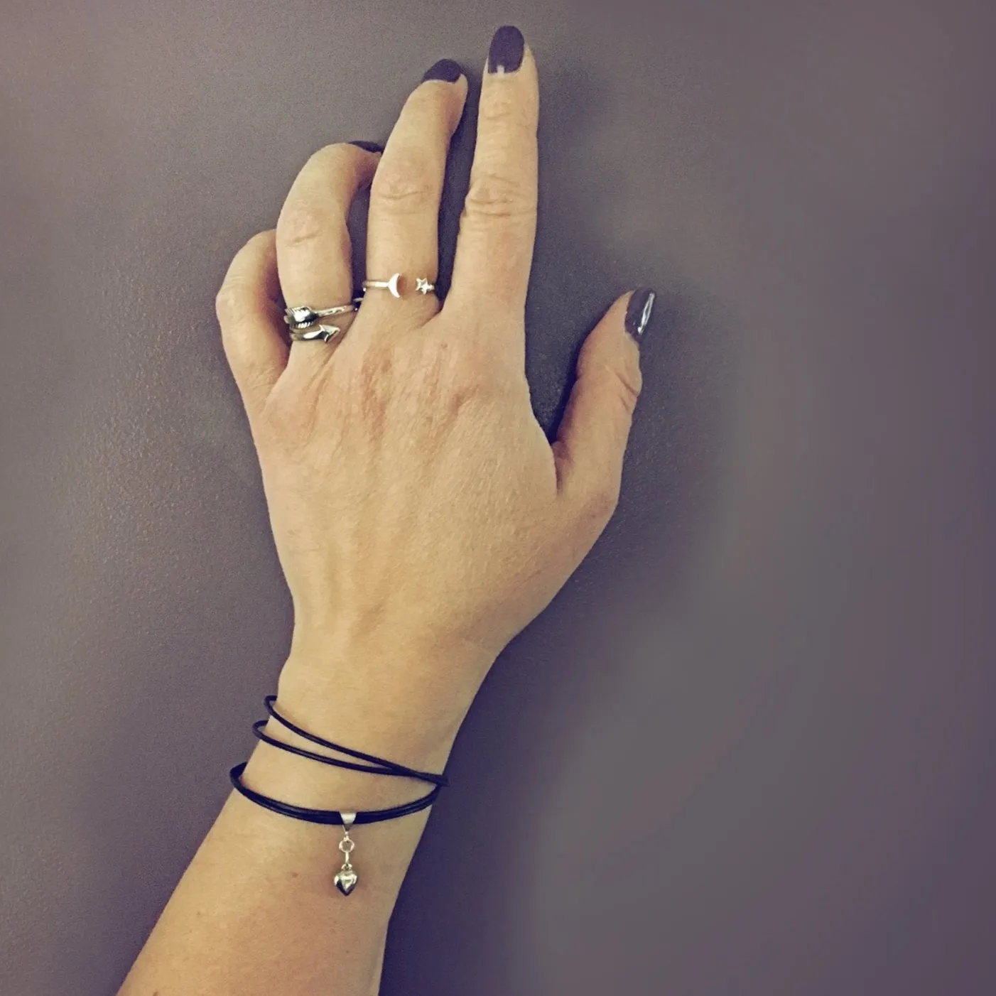 sterling silver puffy heart charm leather choker necklace // wrap bracelet