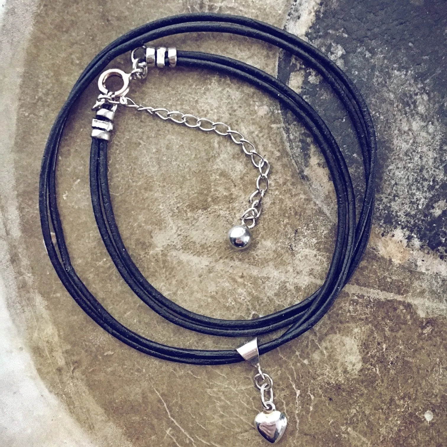 sterling silver puffy heart charm leather choker necklace // wrap bracelet