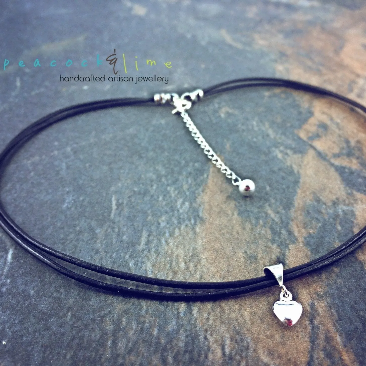 sterling silver puffy heart charm leather choker necklace // wrap bracelet