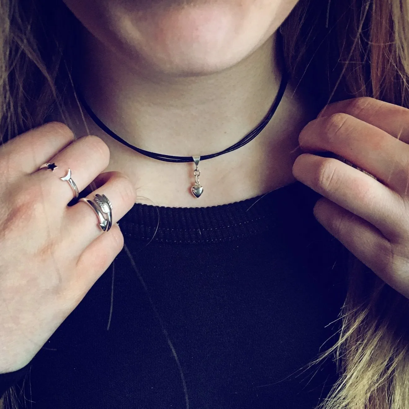sterling silver puffy heart charm leather choker necklace // wrap bracelet