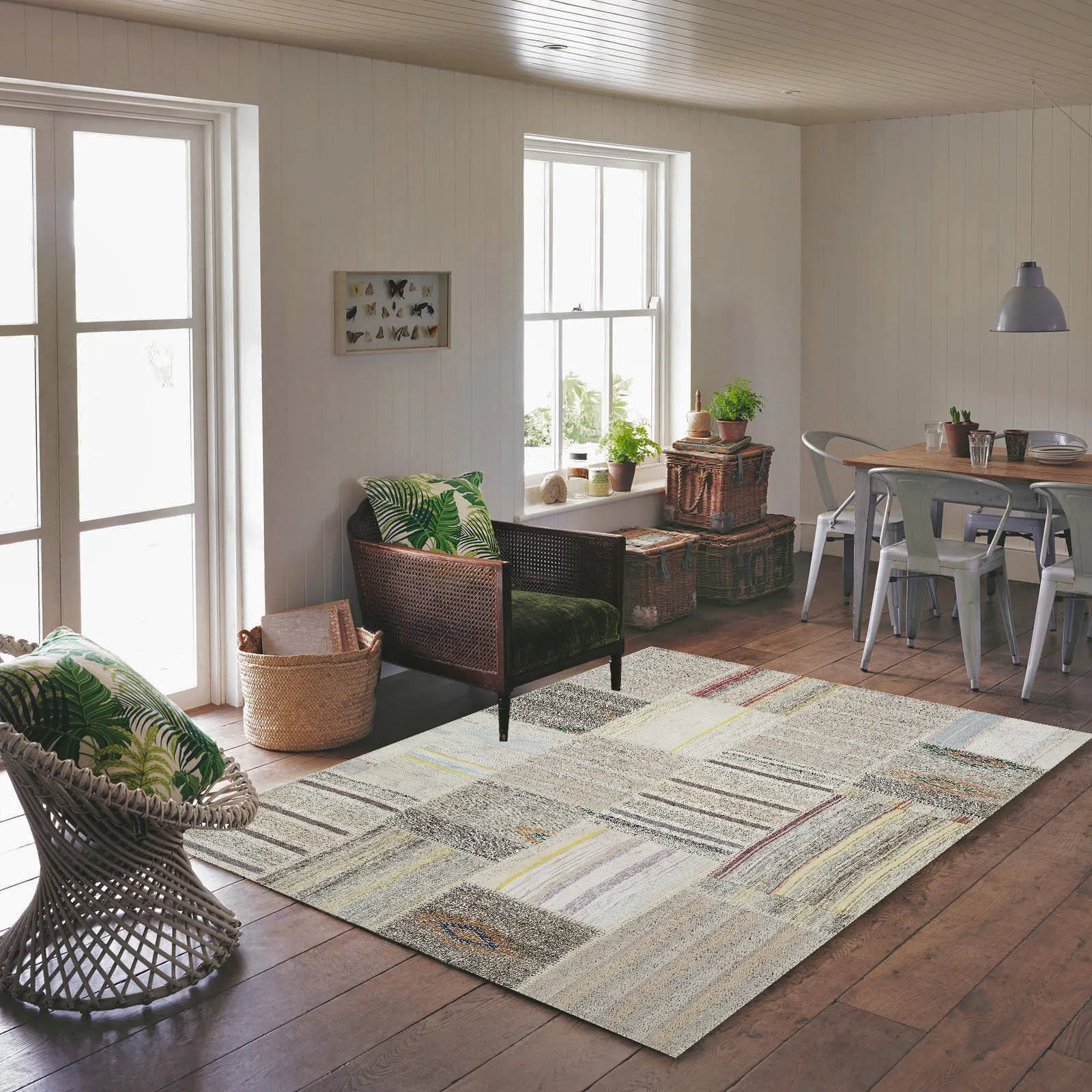 Stipred Over Dyed Rug | Patchwork Rug | Turkish Rug | Hand Weaving Rug  | Bedroom Rug | Wool Rug | Vintage Rug | Overdyed Rug | Striped Rug | Naturel Rug | Beige Rug | Boho Rug | 5'3'' x 7'7'' ft 160 x 230 cm