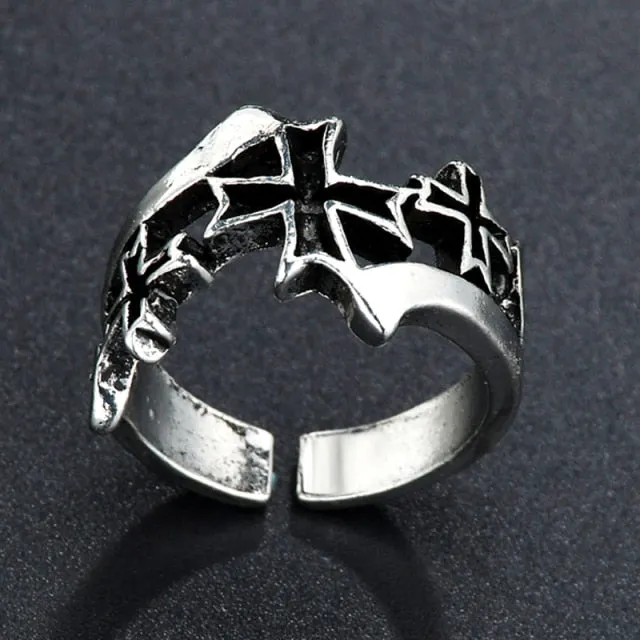 Street Punk Metal Ring with Black Cross
