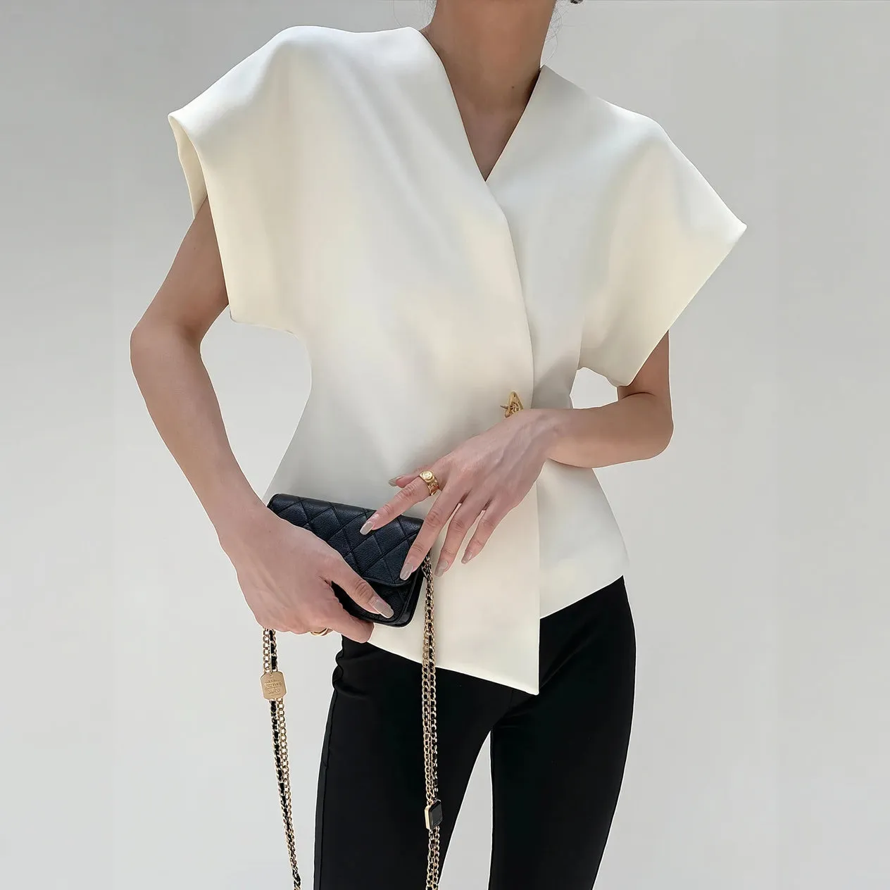 Structured Sleeve Wrap Top with Gold Detail