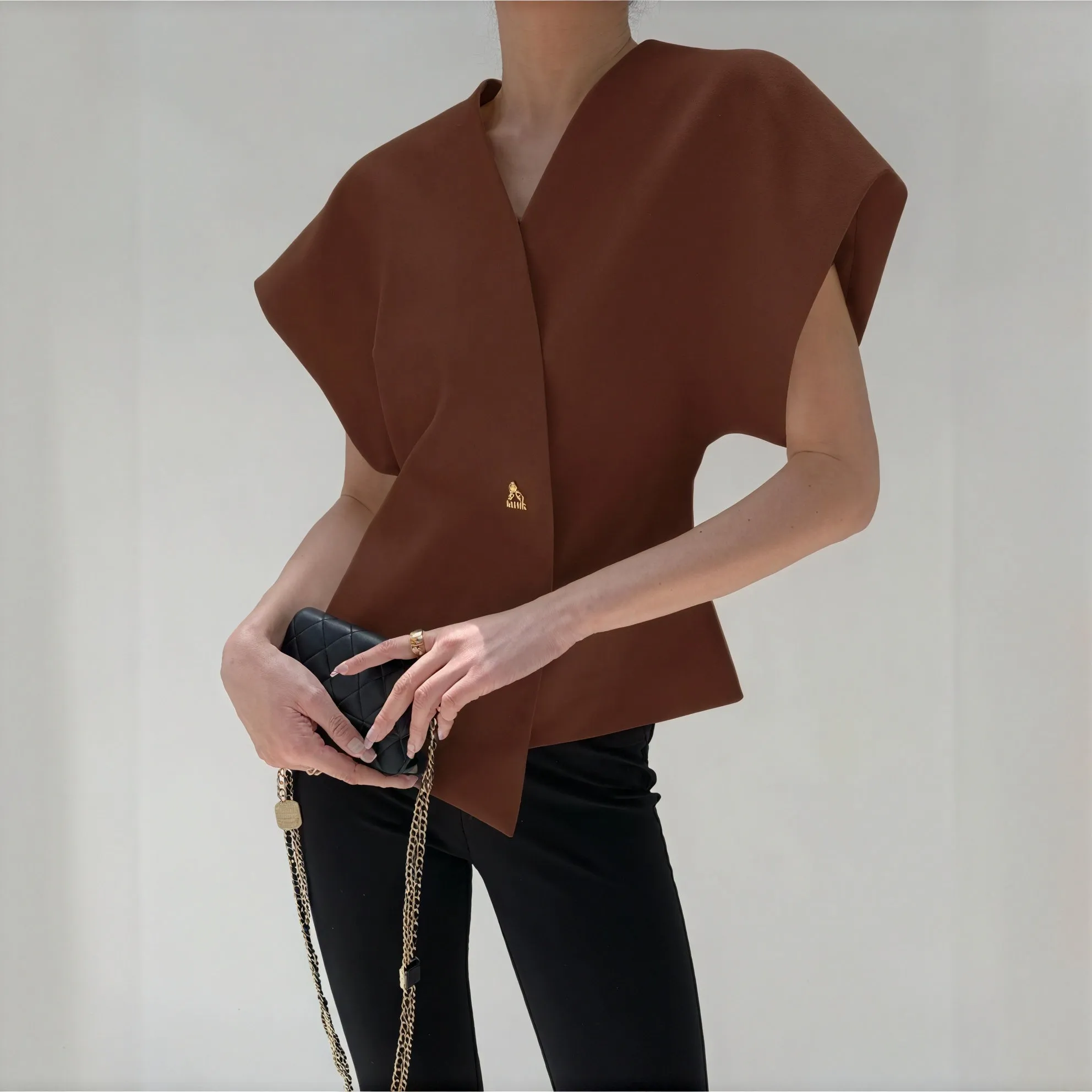 Structured Sleeve Wrap Top with Gold Detail
