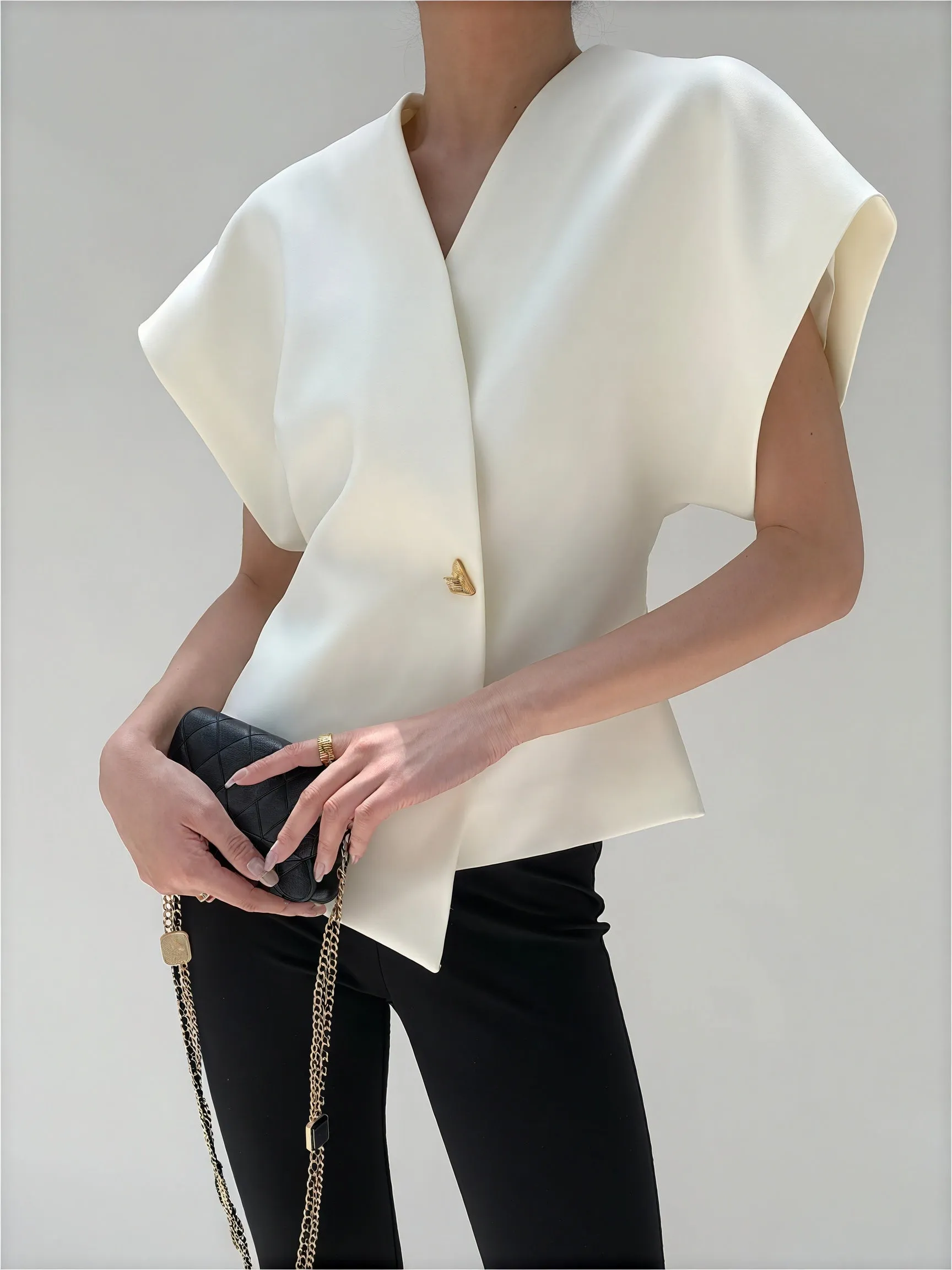Structured Sleeve Wrap Top with Gold Detail