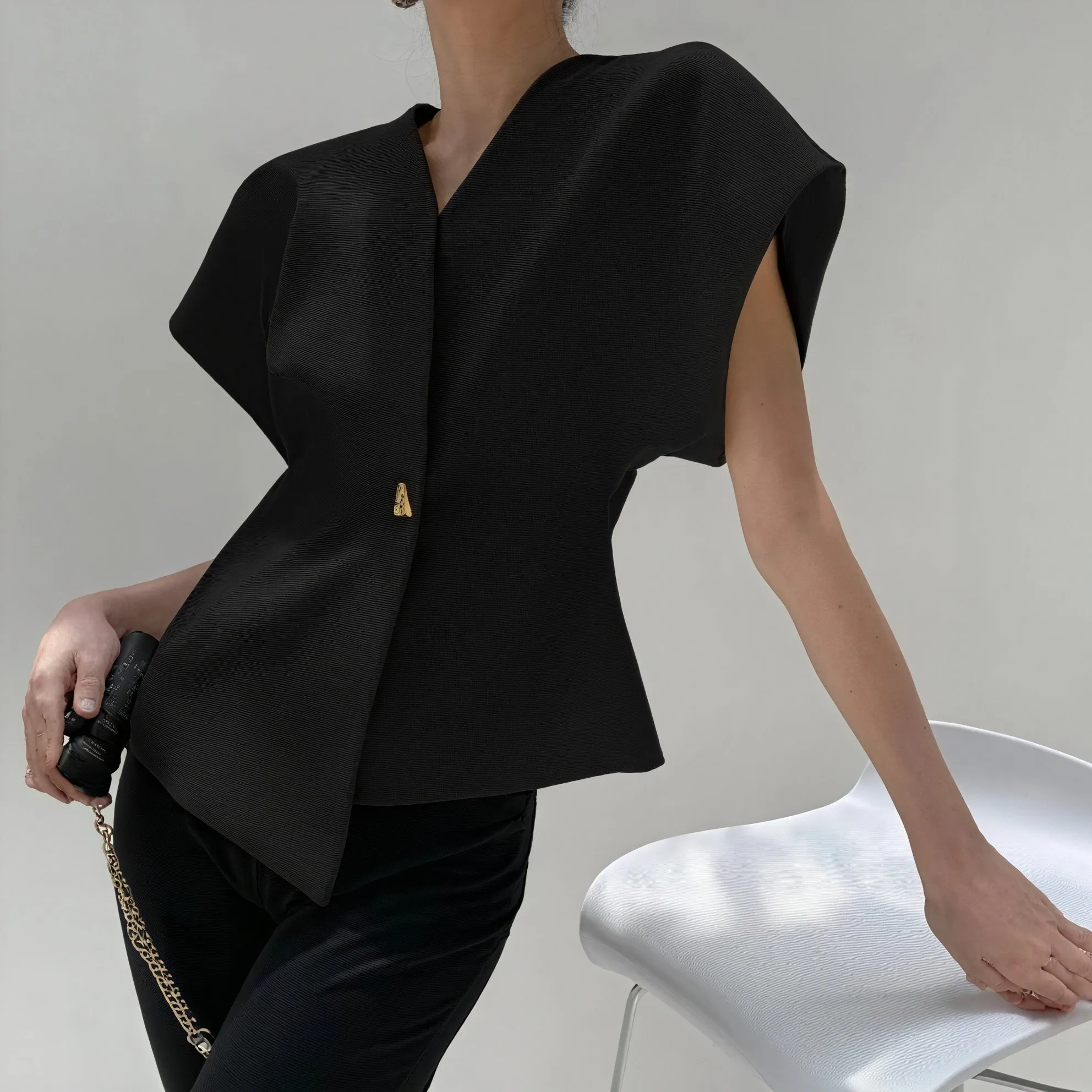 Structured Sleeve Wrap Top with Gold Detail