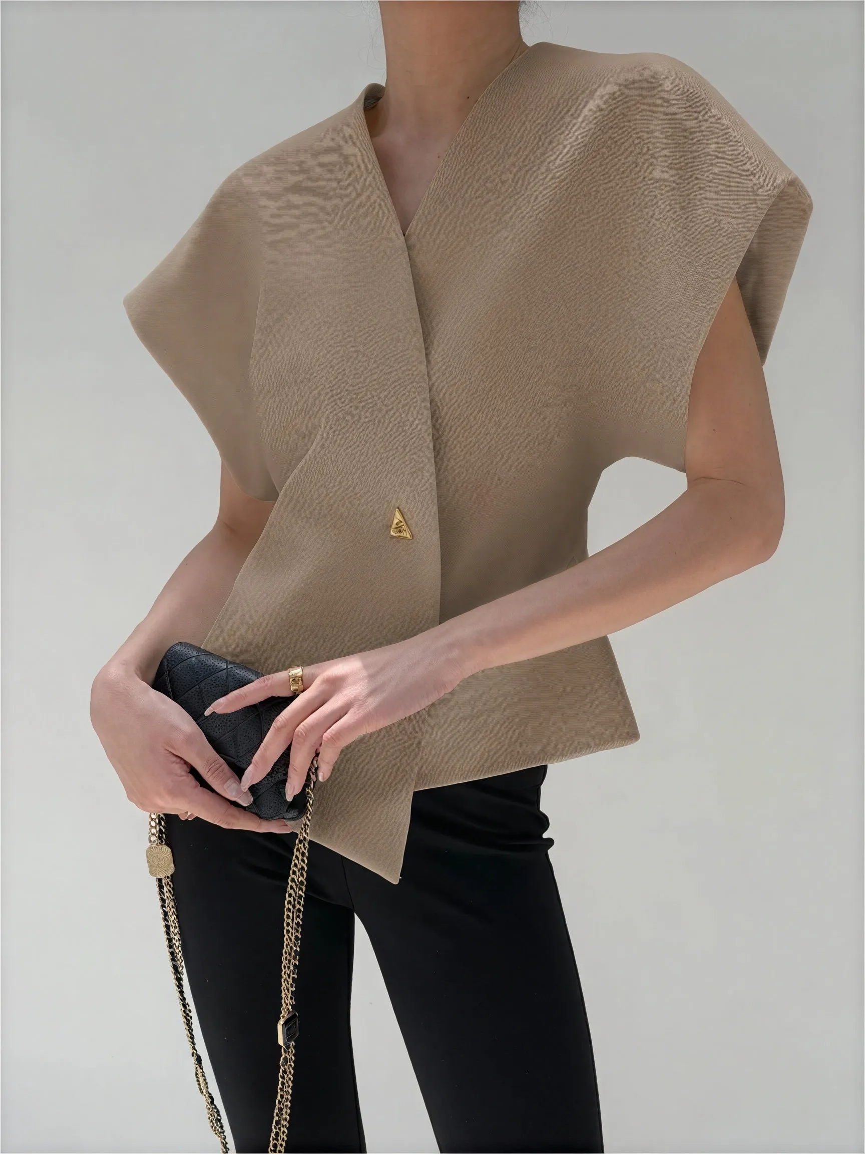 Structured Sleeve Wrap Top with Gold Detail