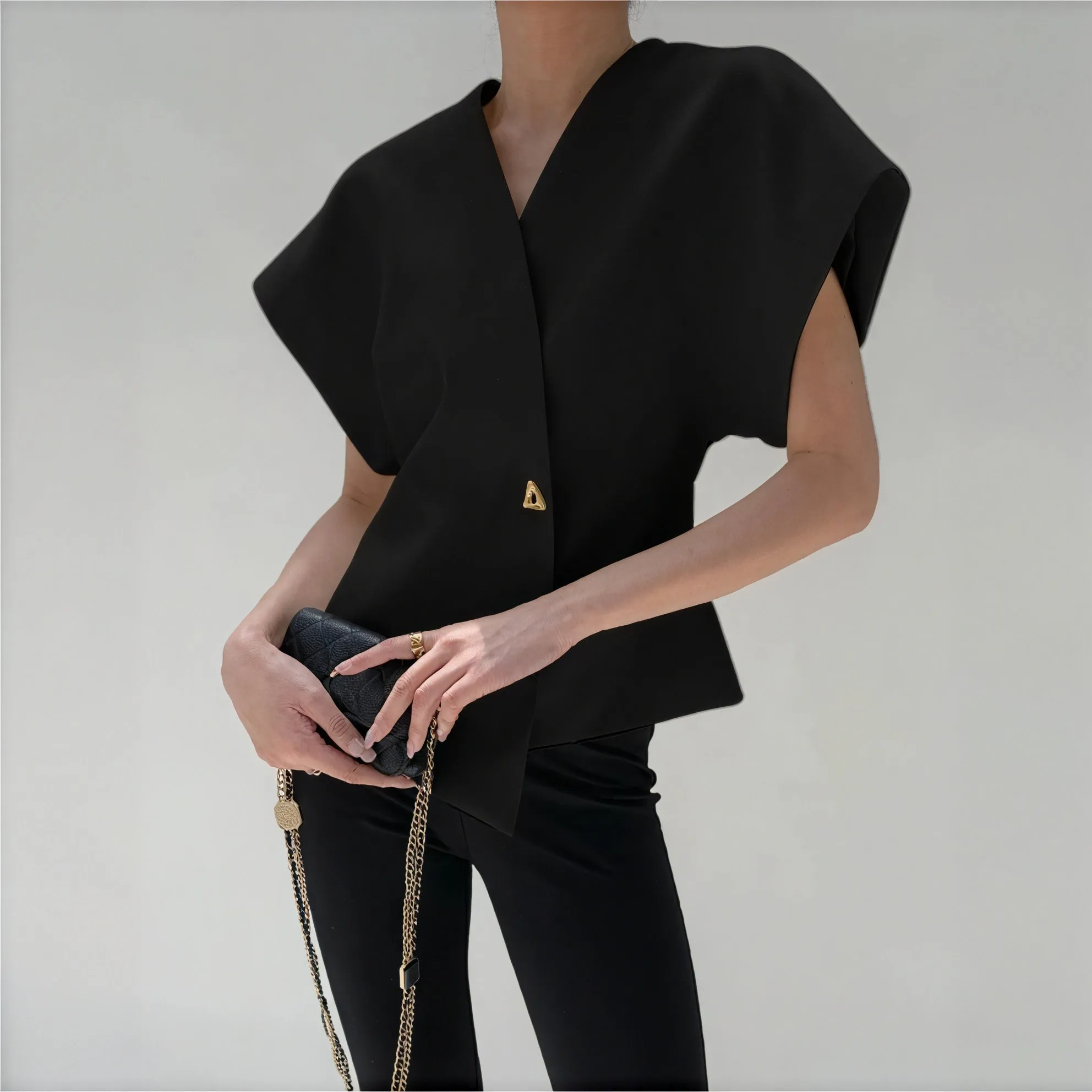 Structured Sleeve Wrap Top with Gold Detail