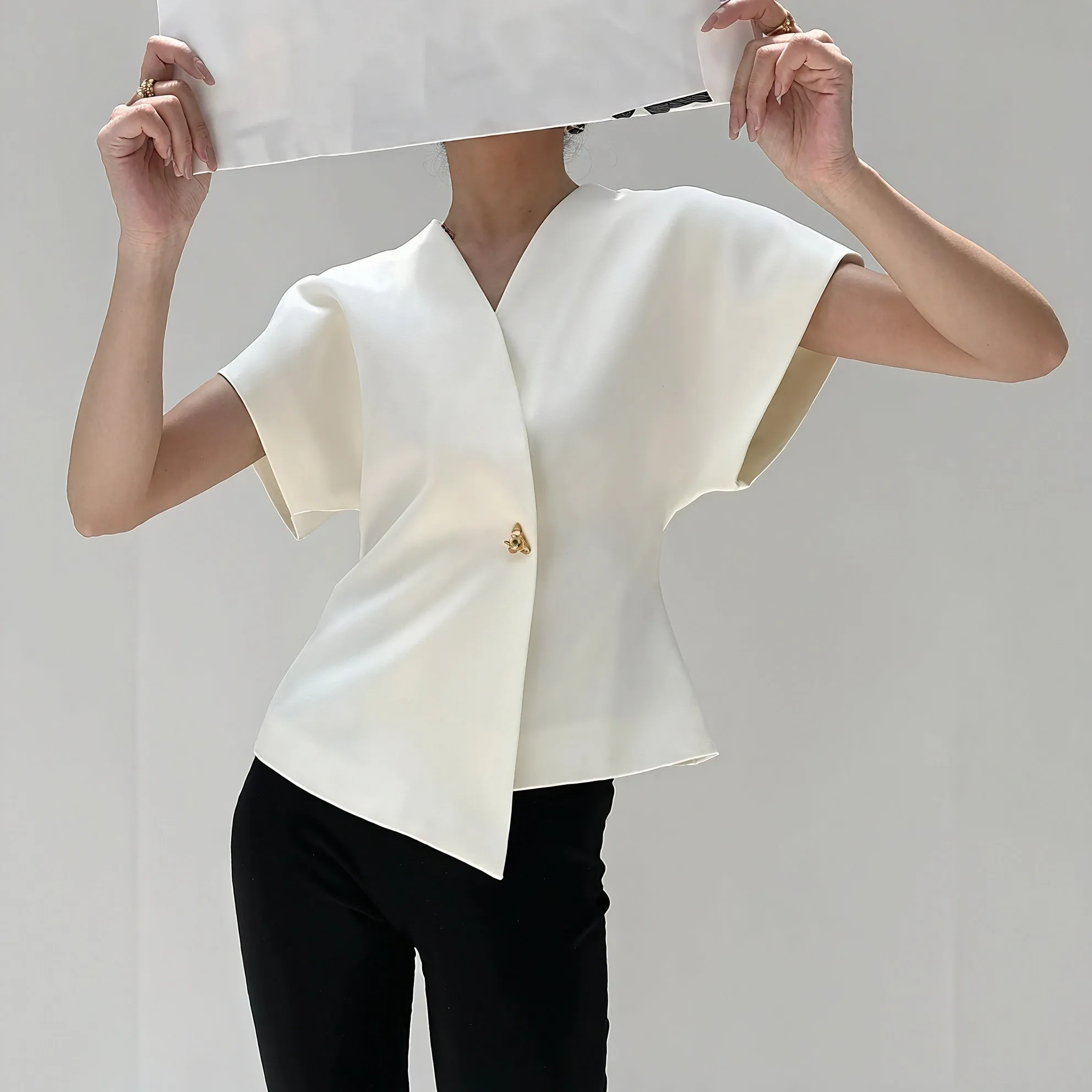 Structured Sleeve Wrap Top with Gold Detail