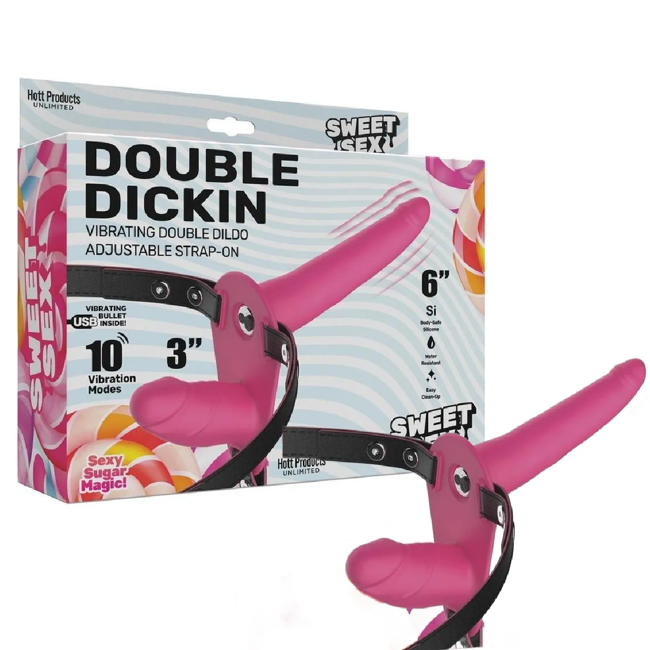 Sweet Sex Double Dickin Vibrating Silicone Double Dildo Strap-On - Pink/Black