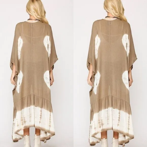 Tie dye print cardigan kimono boho layer mocha swimsuit cover vacation S M L
