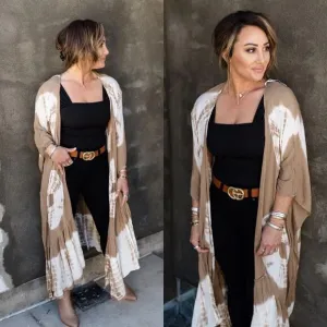 Tie dye print cardigan kimono boho layer mocha swimsuit cover vacation S M L