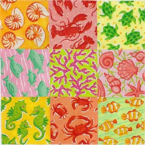TTT-01: Tic Tac Toe Board – Lilly-inspired Seaside Patchwork – yellows, oranges, pinks & greens