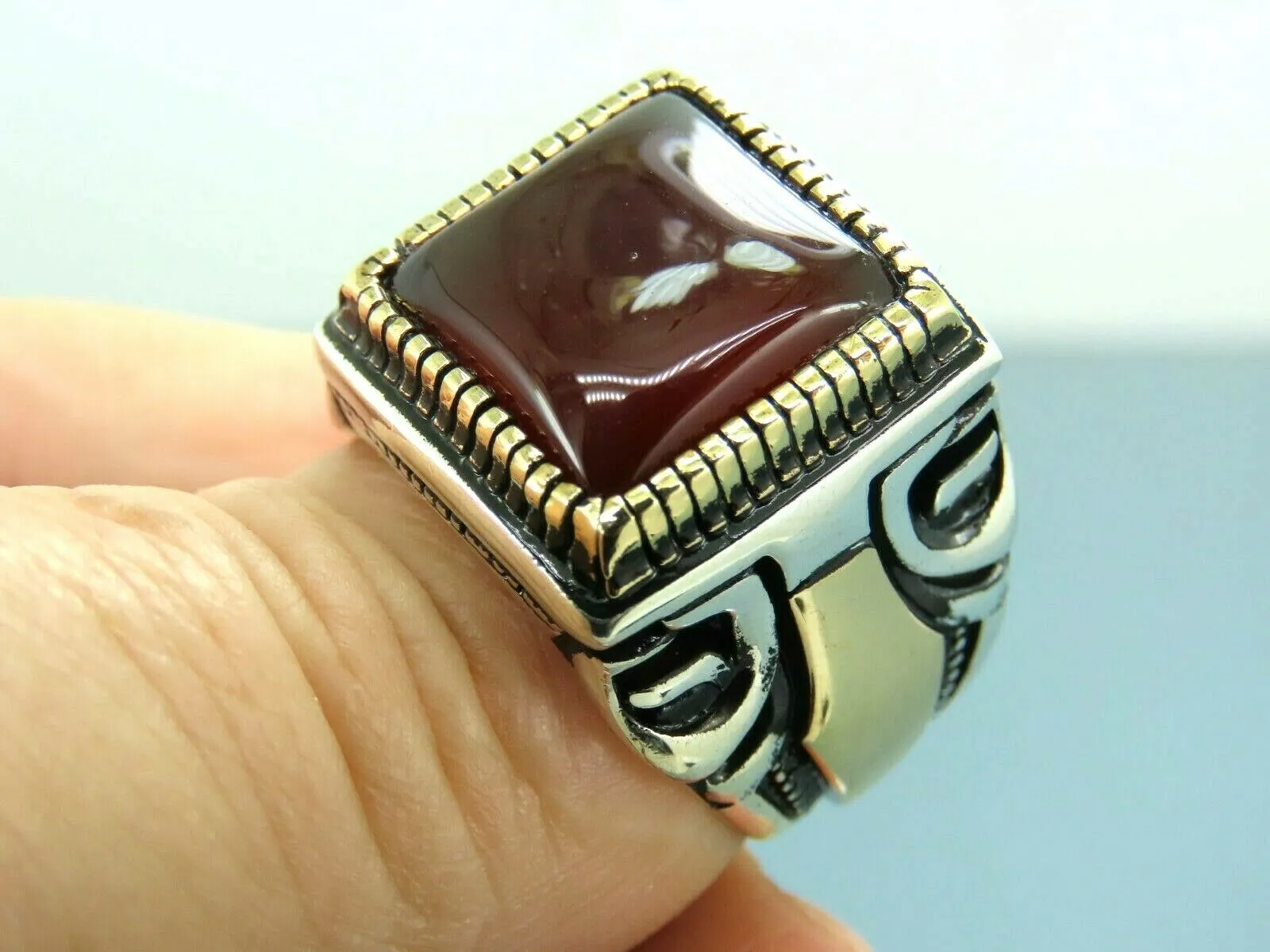 Turkish Handmade Jewelry 925 Sterling Silver Agate Stone Mens Rings