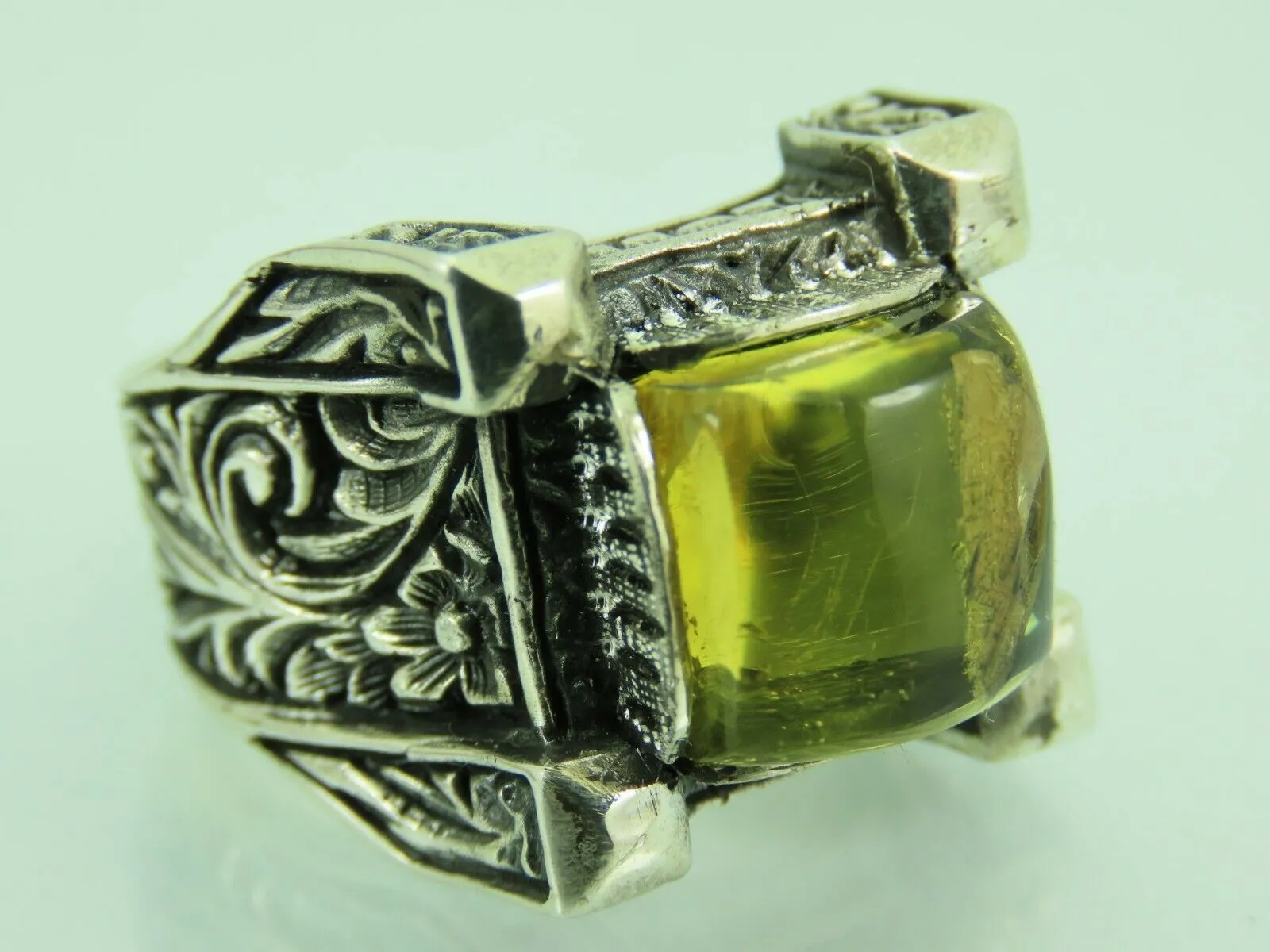 Turkish Handmade Jewelry 925 Sterling Silver Amber Stone Engraved Mens Rings
