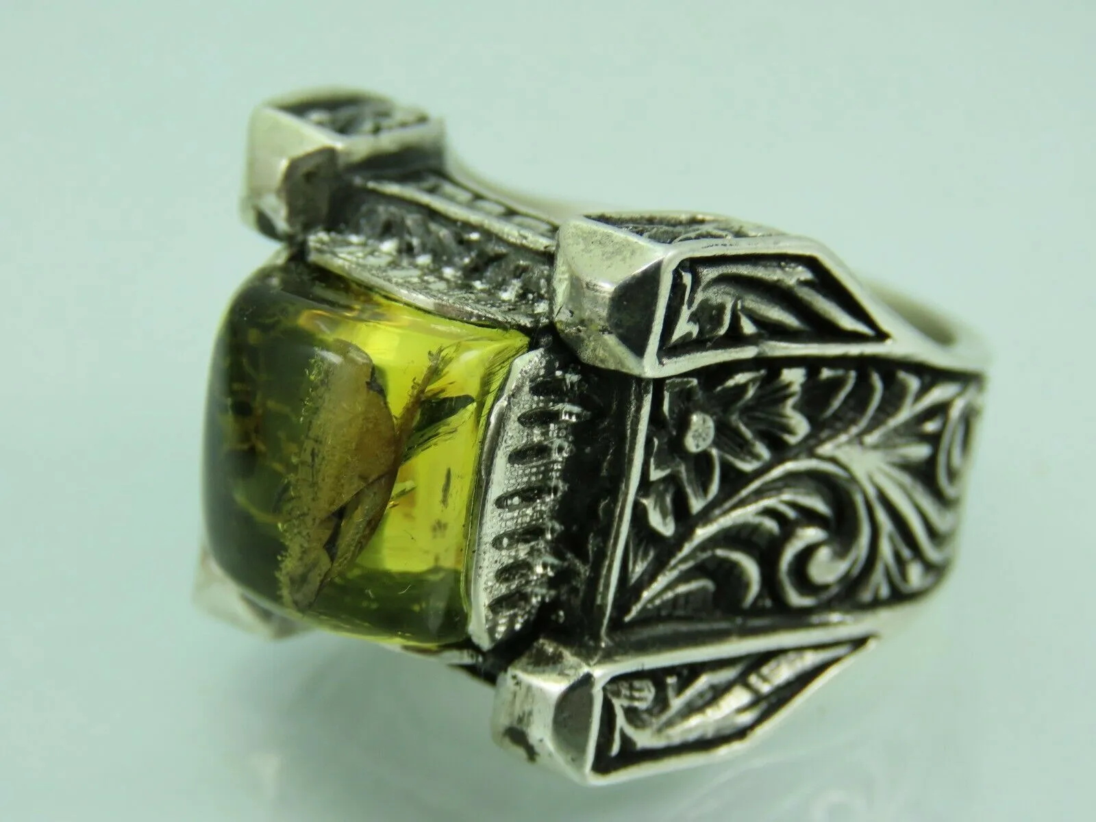 Turkish Handmade Jewelry 925 Sterling Silver Amber Stone Engraved Mens Rings