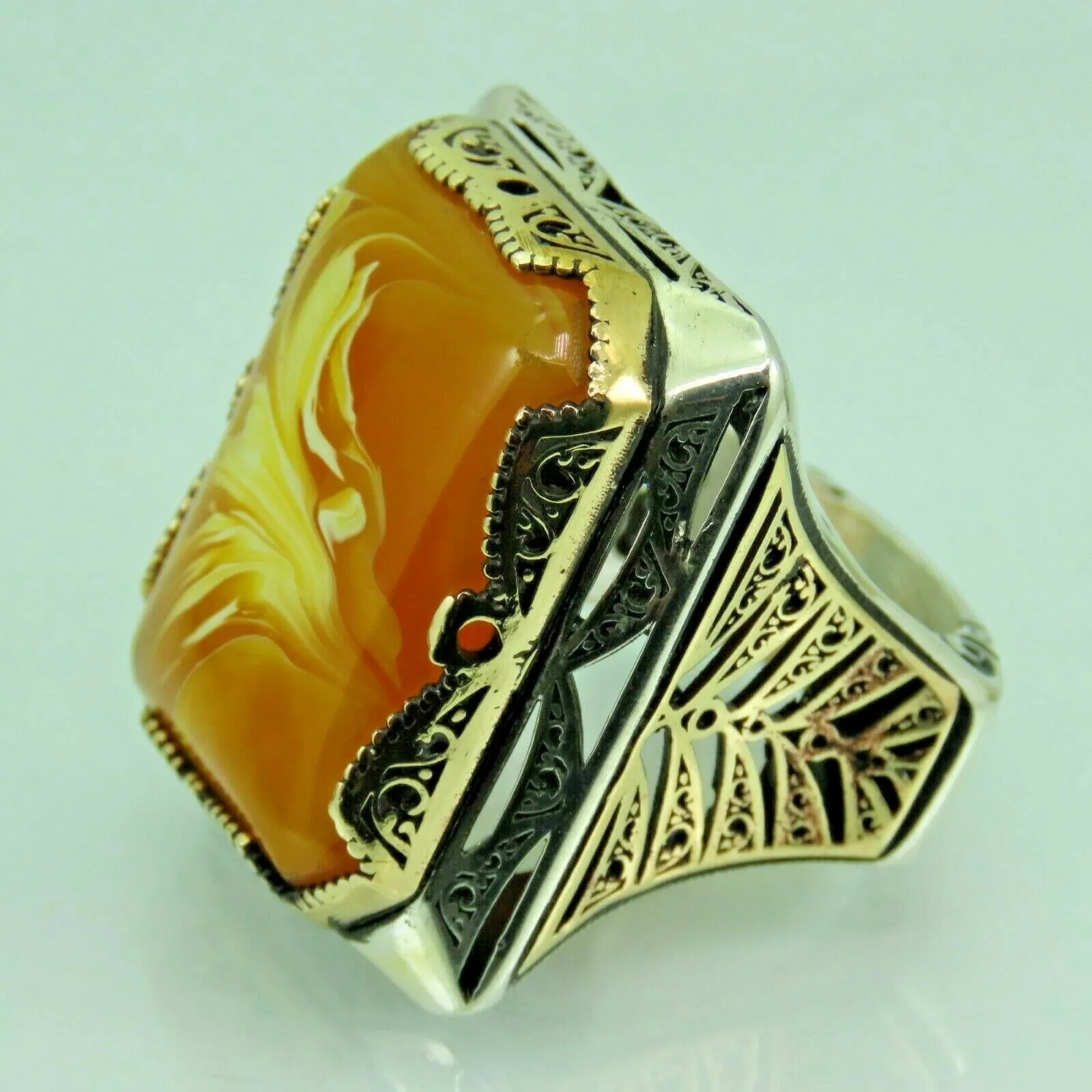Turkish Handmade Jewelry 925 Sterling Silver Amber Stone Mens Rings