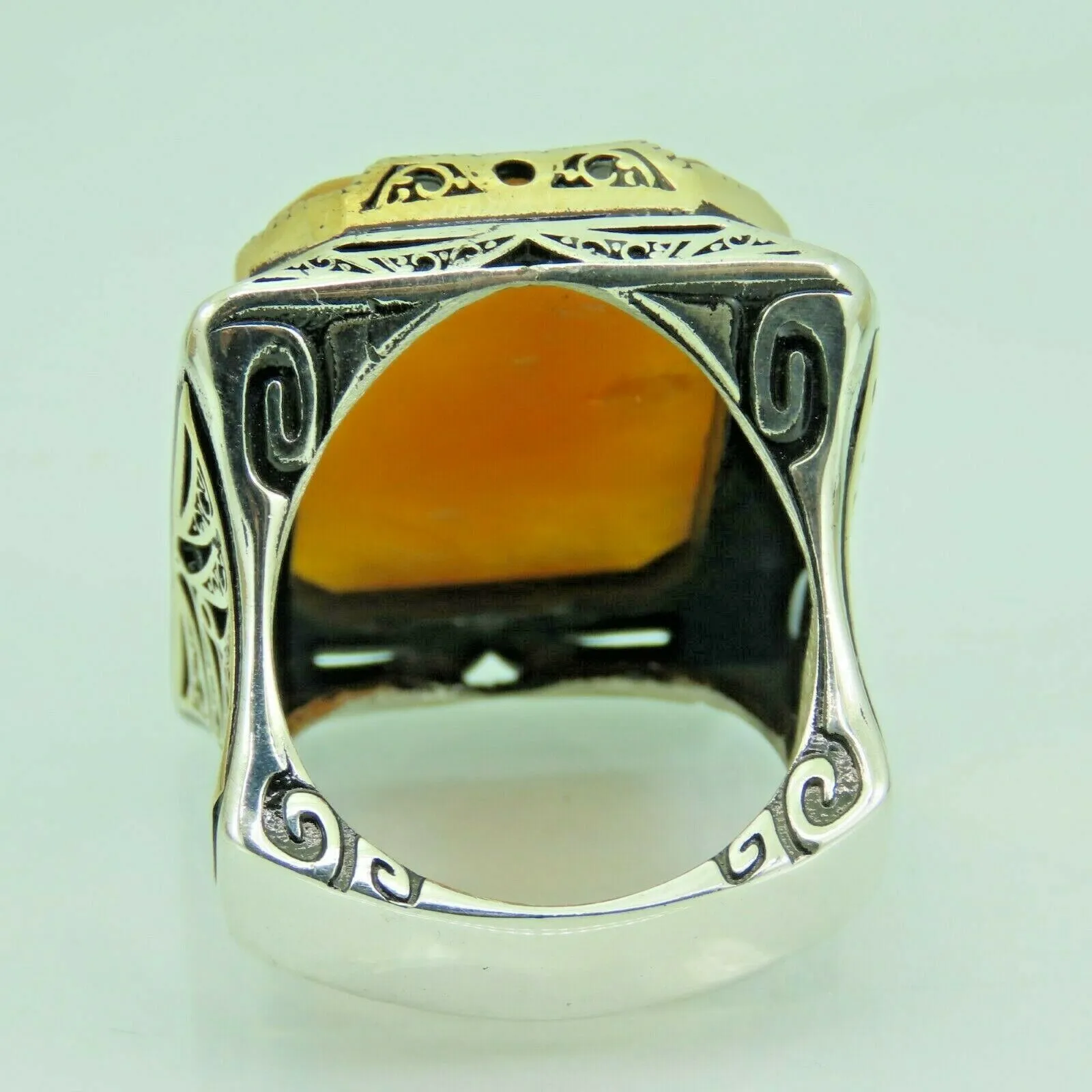 Turkish Handmade Jewelry 925 Sterling Silver Amber Stone Mens Rings