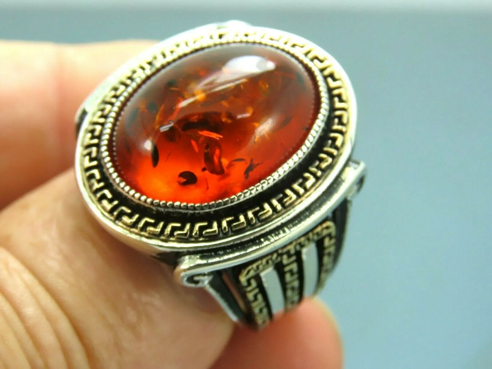 Turkish Handmade Jewelry 925 Sterling Silver Amber Stone Mens Rings