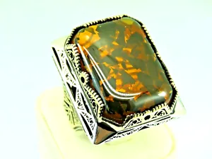 Turkish Handmade Jewelry 925 Sterling Silver Amber Stone Mens Rings