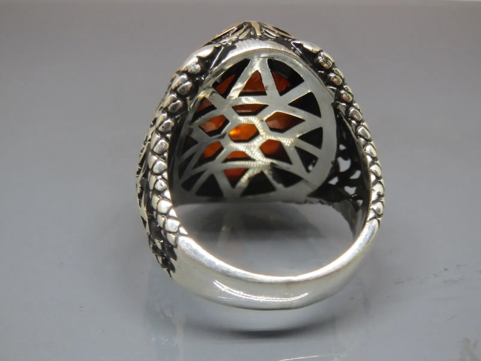 Turkish Handmade Jewelry 925 Sterling Silver Amber Stone Mens Rings