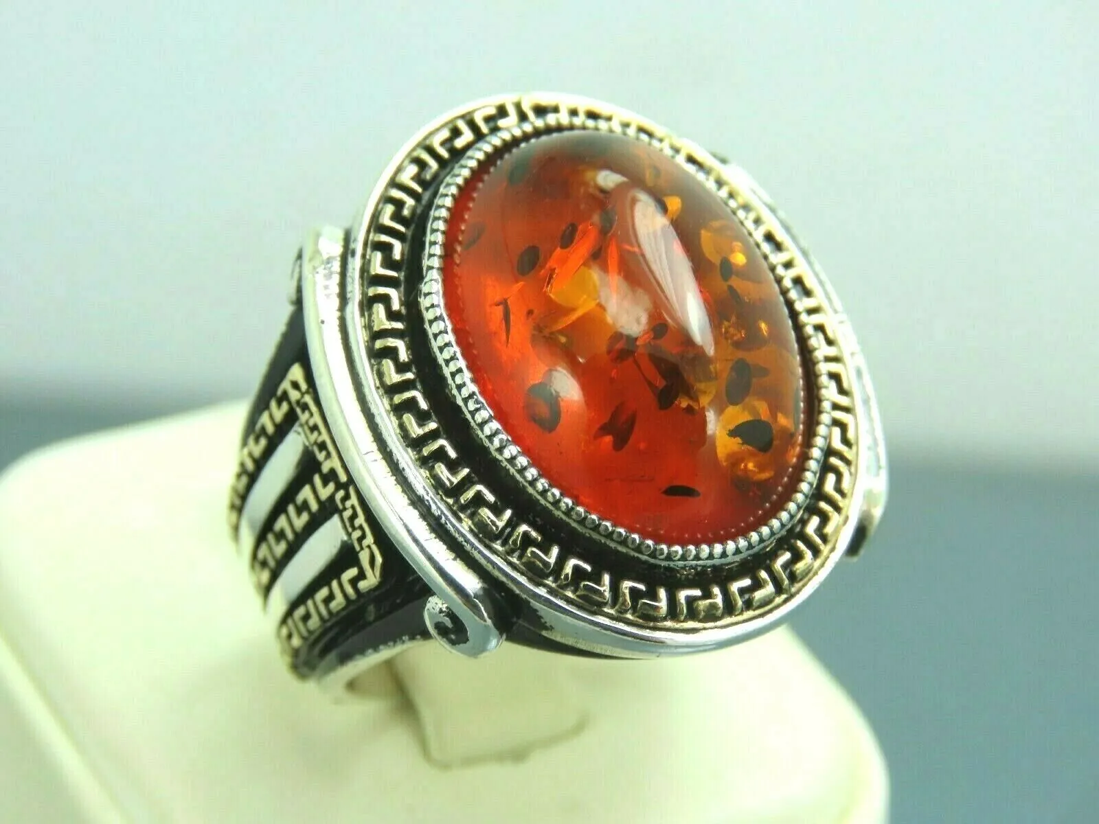 Turkish Handmade Jewelry 925 Sterling Silver Amber Stone Mens Rings