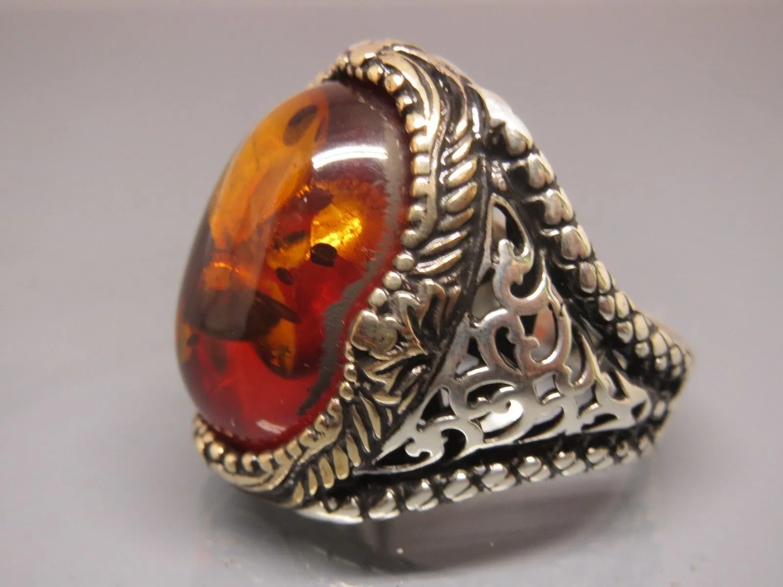Turkish Handmade Jewelry 925 Sterling Silver Amber Stone Mens Rings