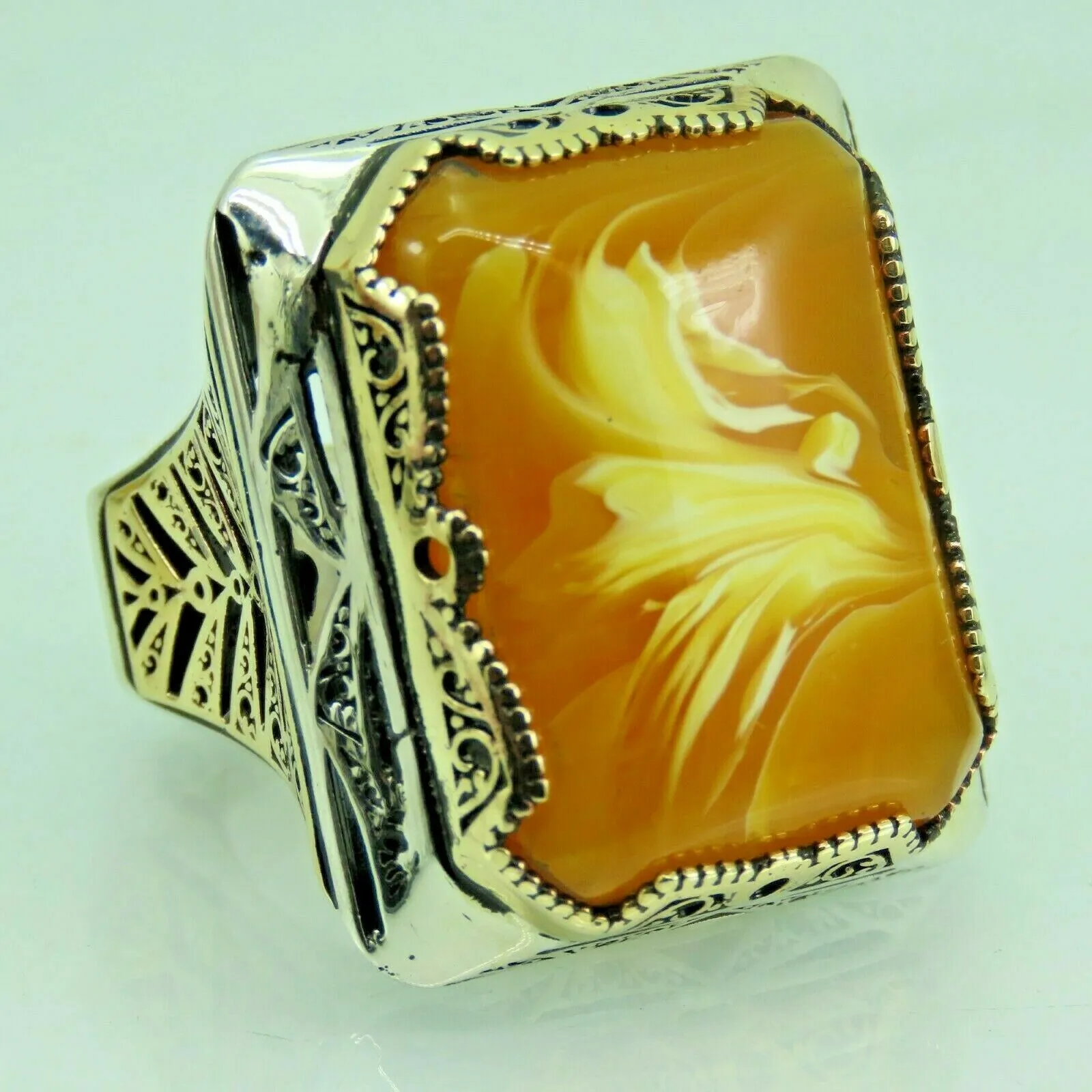 Turkish Handmade Jewelry 925 Sterling Silver Amber Stone Mens Rings