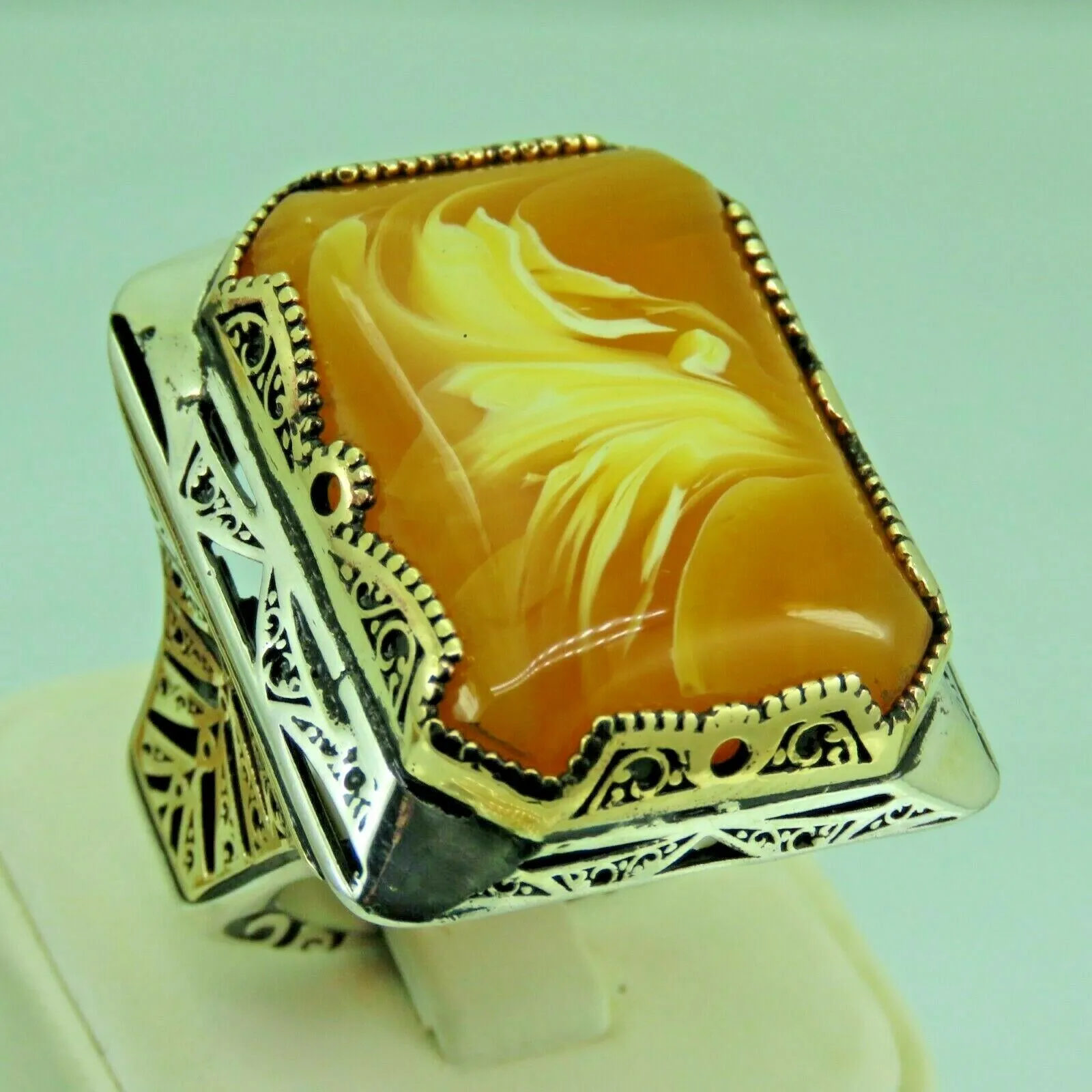 Turkish Handmade Jewelry 925 Sterling Silver Amber Stone Mens Rings