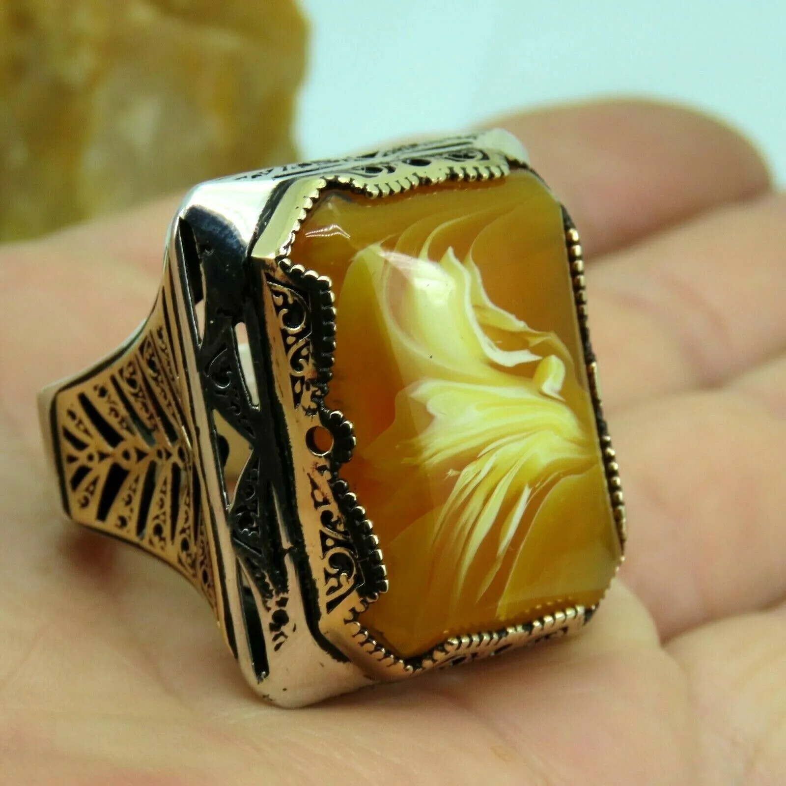 Turkish Handmade Jewelry 925 Sterling Silver Amber Stone Mens Rings