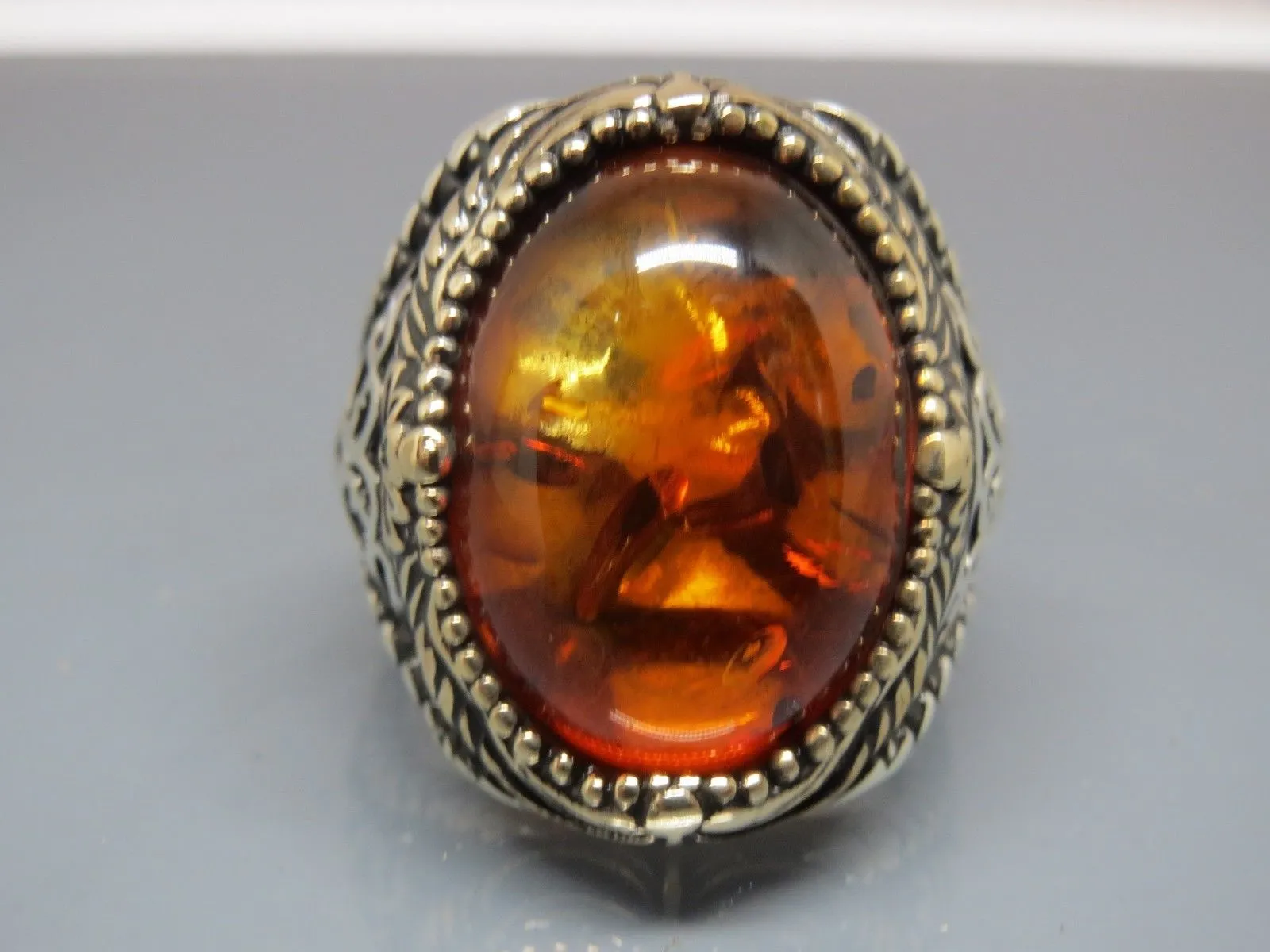 Turkish Handmade Jewelry 925 Sterling Silver Amber Stone Mens Rings