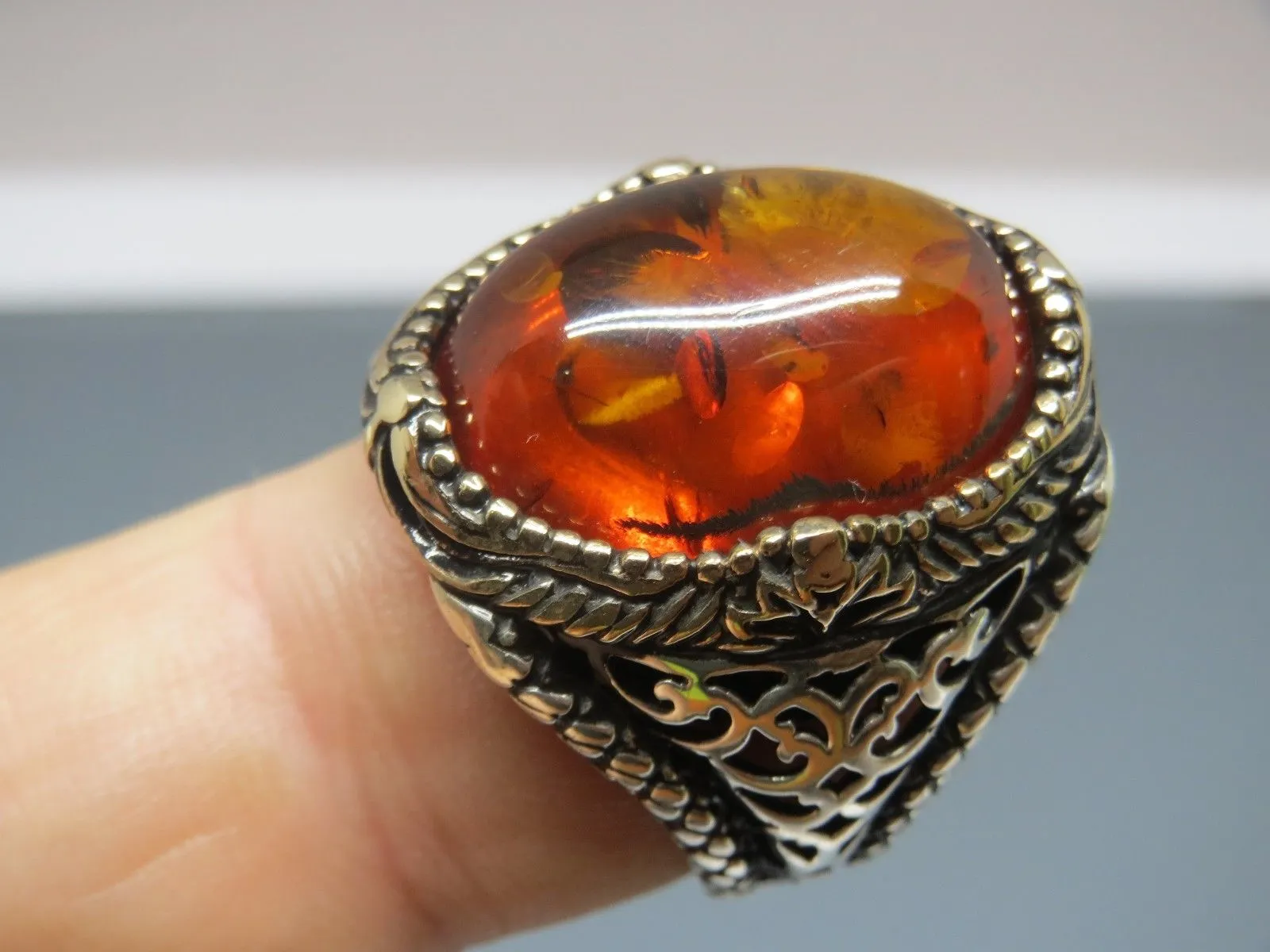 Turkish Handmade Jewelry 925 Sterling Silver Amber Stone Mens Rings