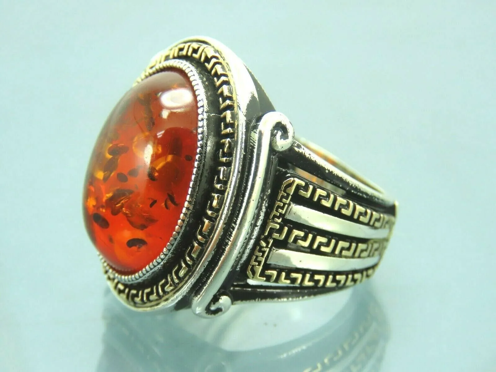 Turkish Handmade Jewelry 925 Sterling Silver Amber Stone Mens Rings