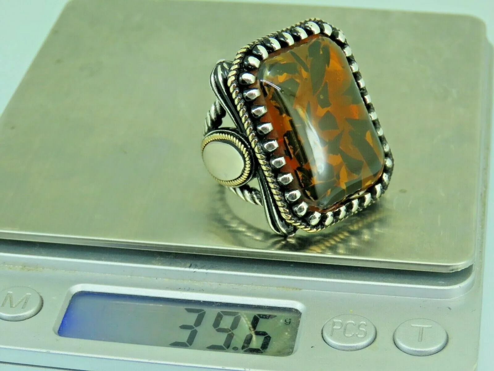 Turkish Handmade Jewelry 925 Sterling Silver Amber Stone Mens Rings
