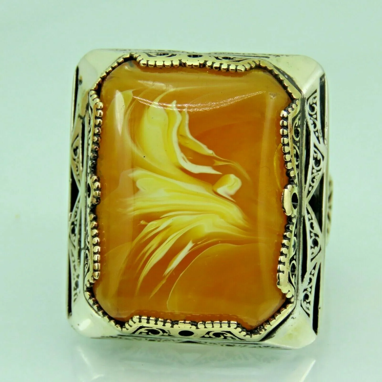 Turkish Handmade Jewelry 925 Sterling Silver Amber Stone Mens Rings