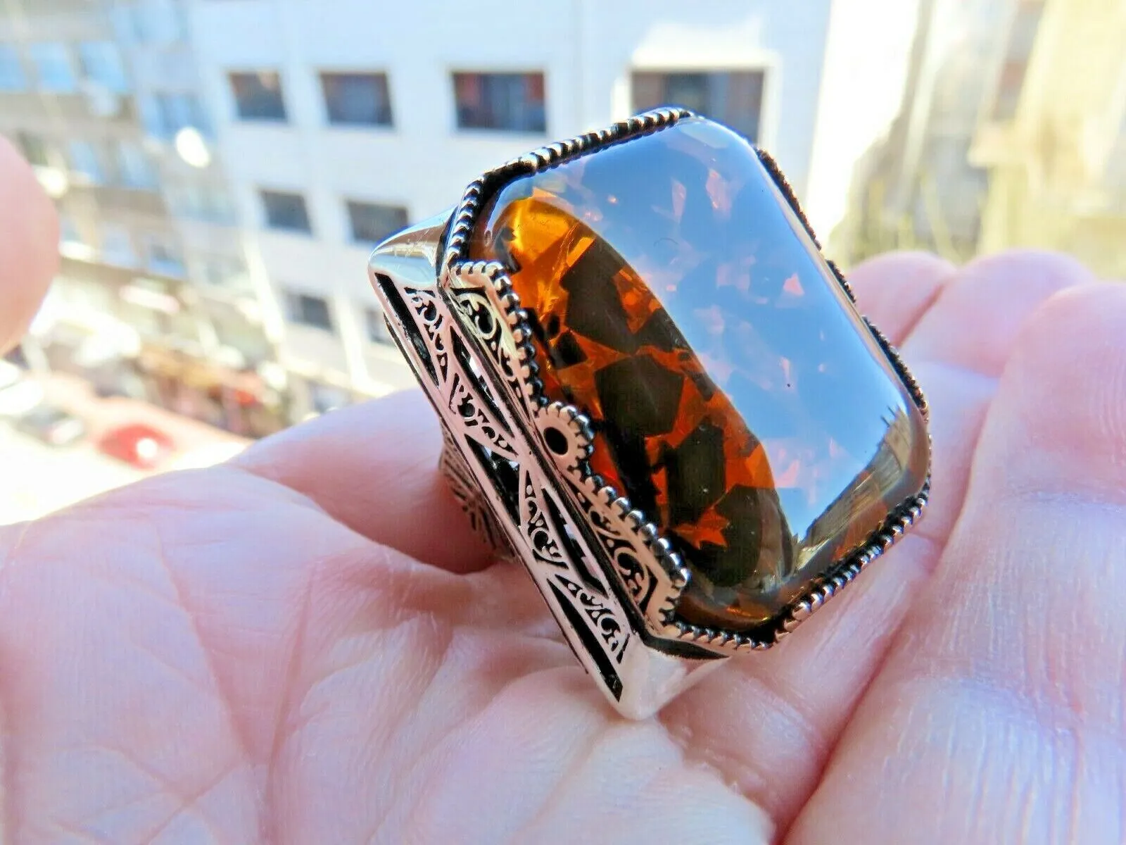 Turkish Handmade Jewelry 925 Sterling Silver Amber Stone Mens Rings