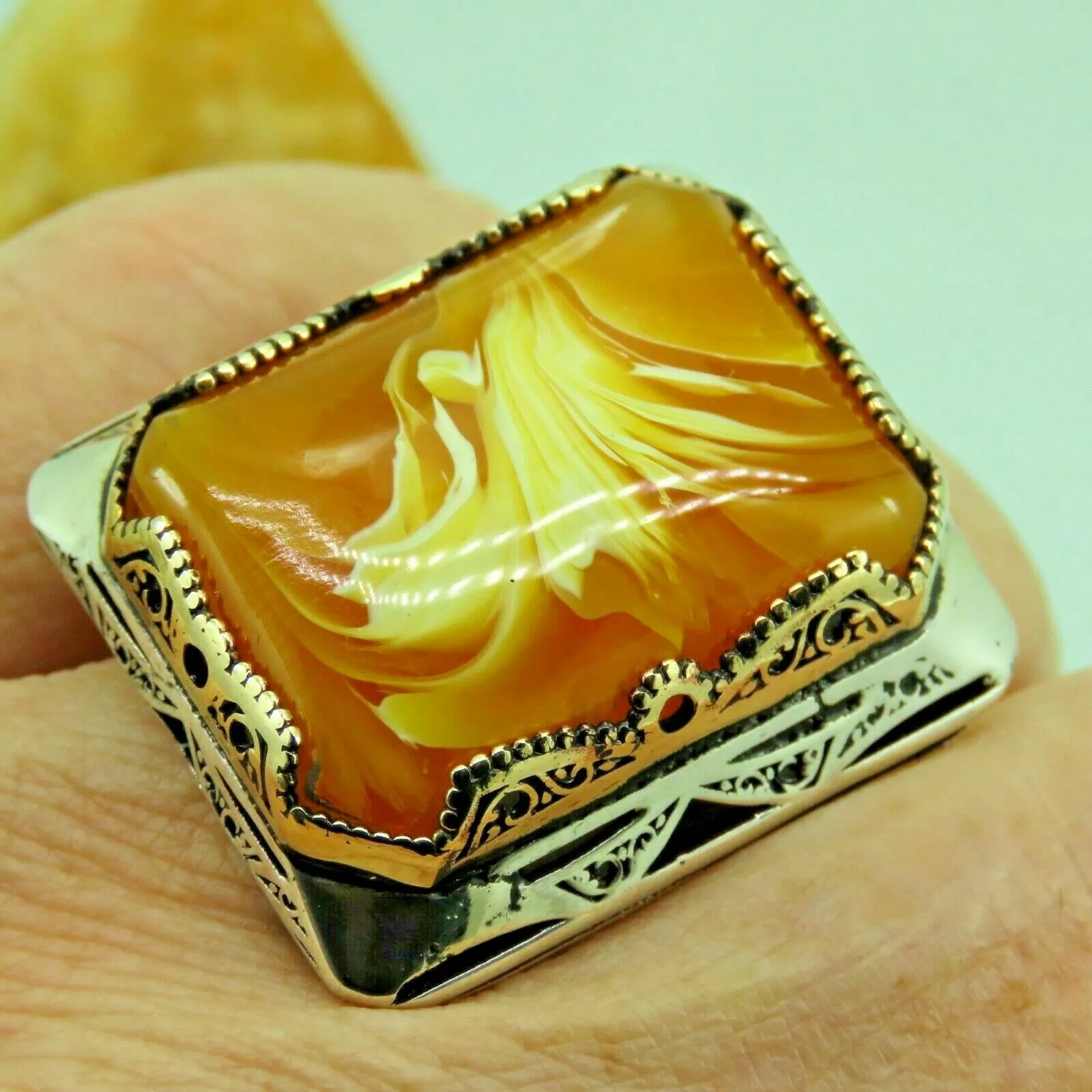 Turkish Handmade Jewelry 925 Sterling Silver Amber Stone Mens Rings