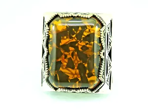 Turkish Handmade Jewelry 925 Sterling Silver Amber Stone Mens Rings