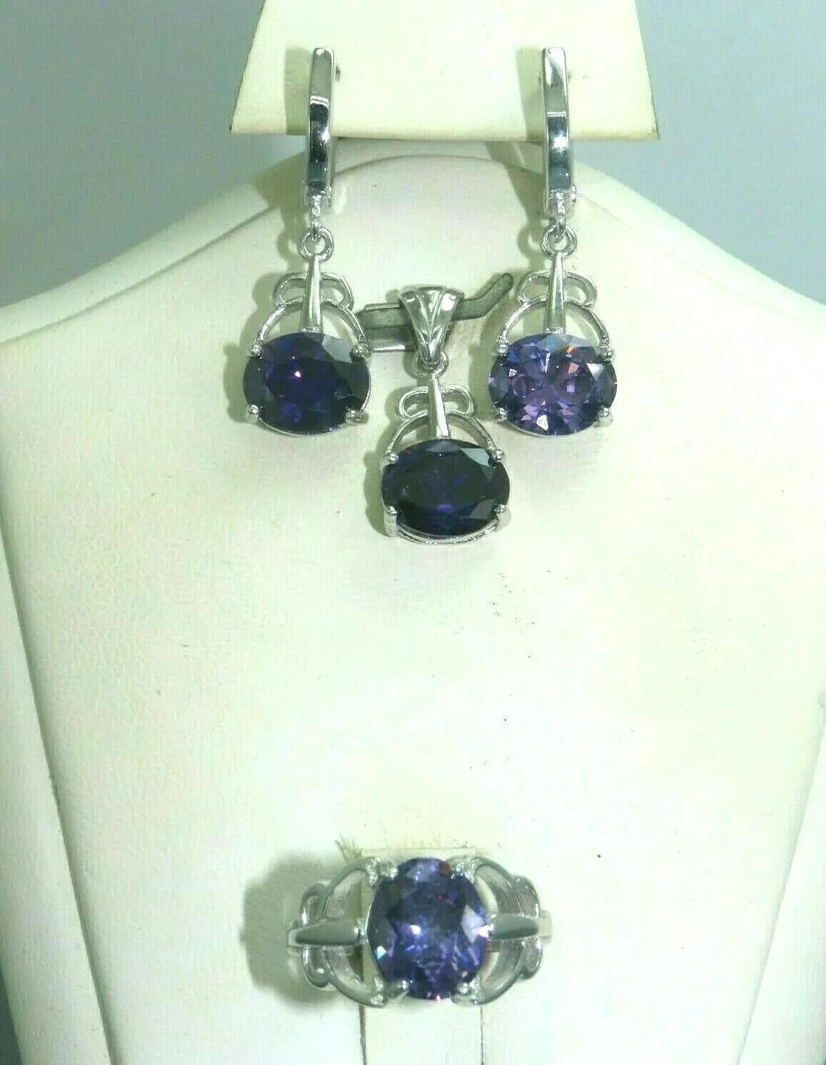 Turkish Handmade Jewelry 925 Sterling Silver Amethyst Stone Women's Earrings, Pendant & Ring Jewelry Set