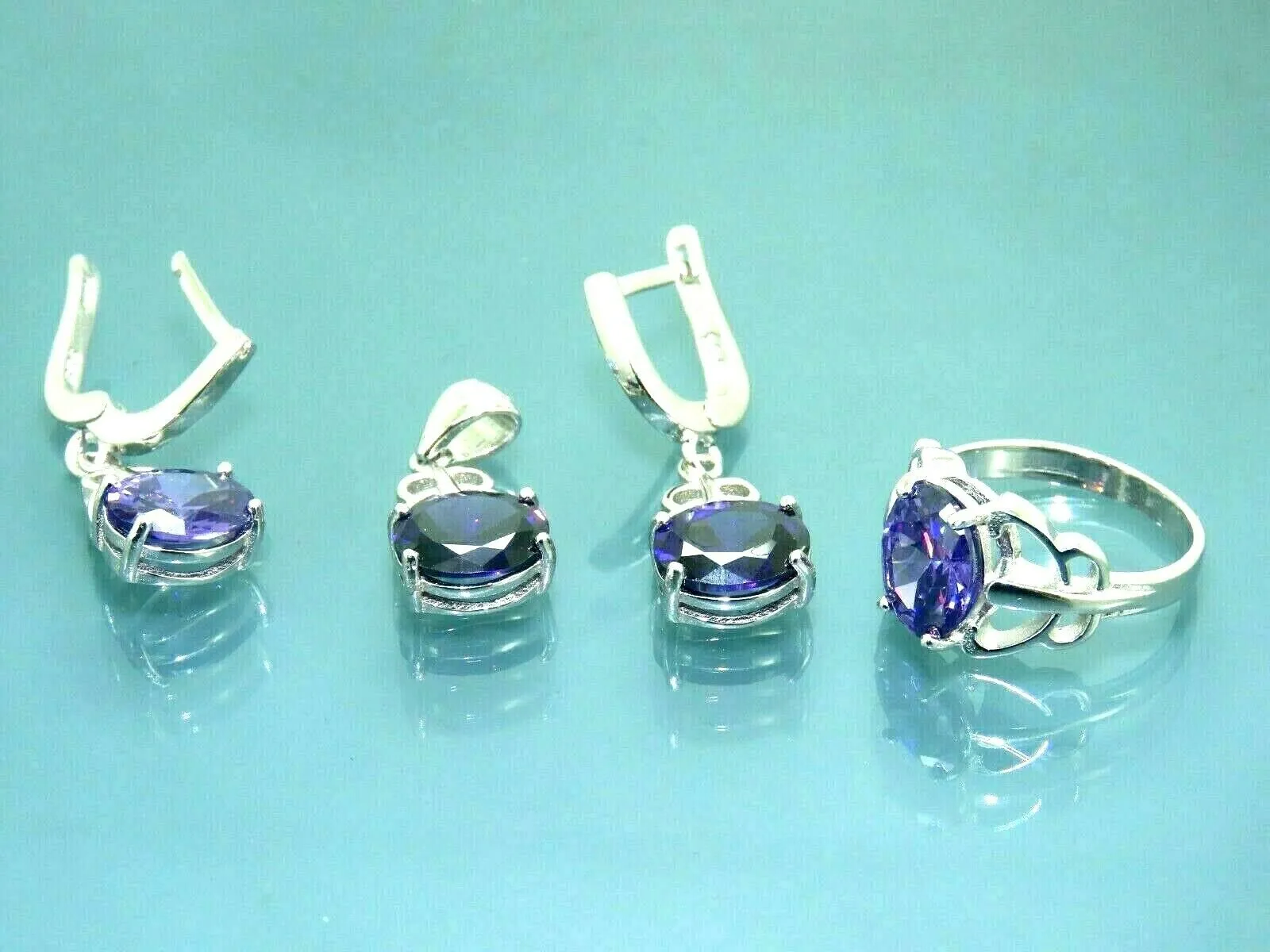 Turkish Handmade Jewelry 925 Sterling Silver Amethyst Stone Women's Earrings, Pendant & Ring Jewelry Set
