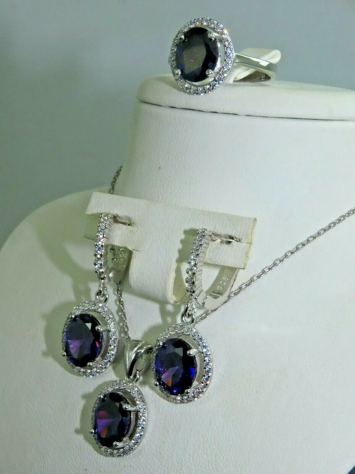 Turkish Handmade Jewelry 925 Sterling Silver Amethyst Stone Women's Earrings, Pendant & Ring Jewelry Set