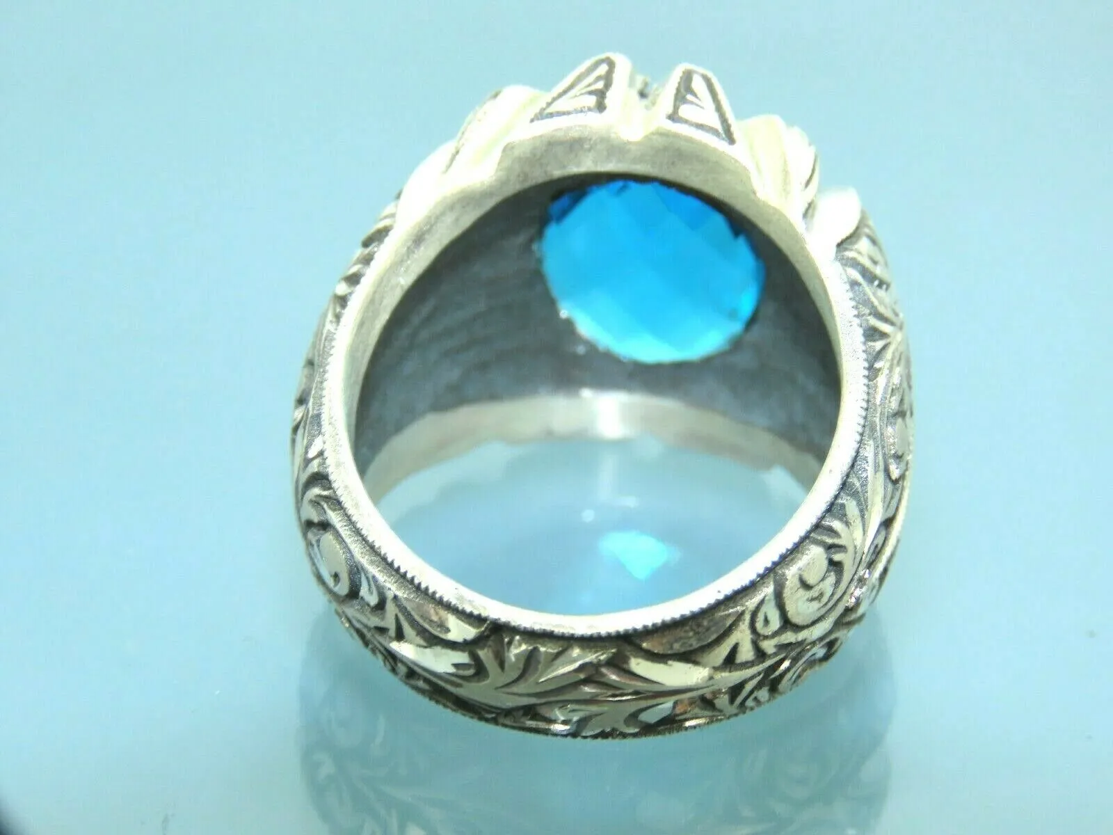 Turkish Handmade Jewelry 925 Sterling Silver Aquamarine Stone Engraved Mens Rings