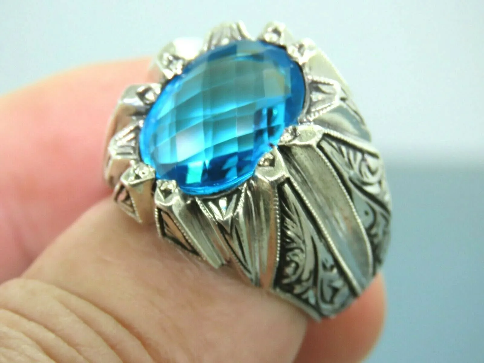 Turkish Handmade Jewelry 925 Sterling Silver Aquamarine Stone Engraved Mens Rings