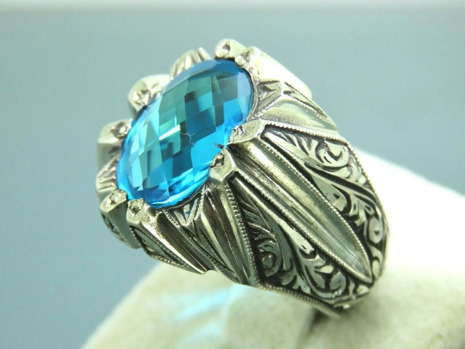 Turkish Handmade Jewelry 925 Sterling Silver Aquamarine Stone Engraved Mens Rings