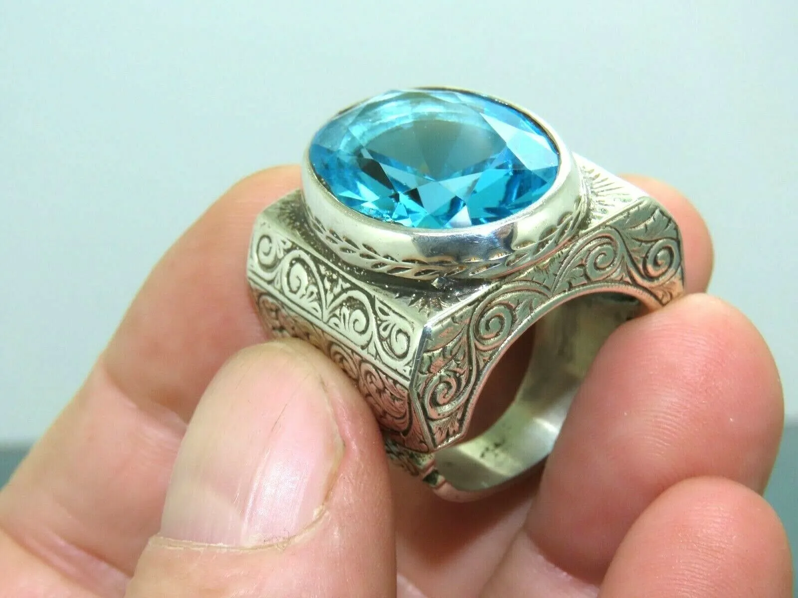 Turkish Handmade Jewelry 925 Sterling Silver Aquamarine Stone Mens Rings