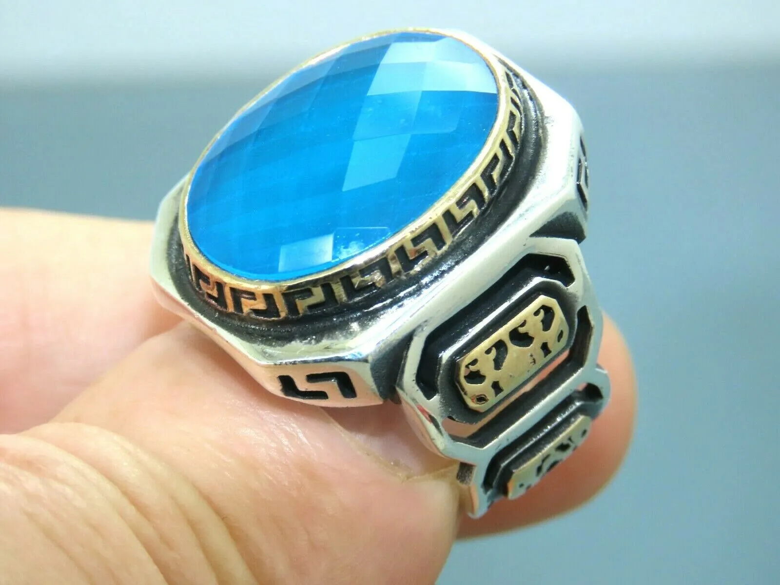 Turkish Handmade Jewelry 925 Sterling Silver Aquamarine Stone Mens Rings