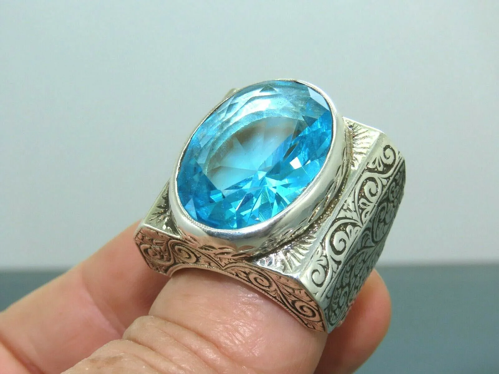 Turkish Handmade Jewelry 925 Sterling Silver Aquamarine Stone Mens Rings
