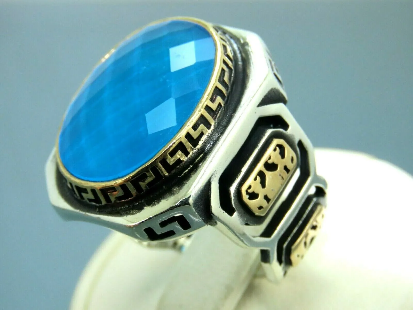 Turkish Handmade Jewelry 925 Sterling Silver Aquamarine Stone Mens Rings