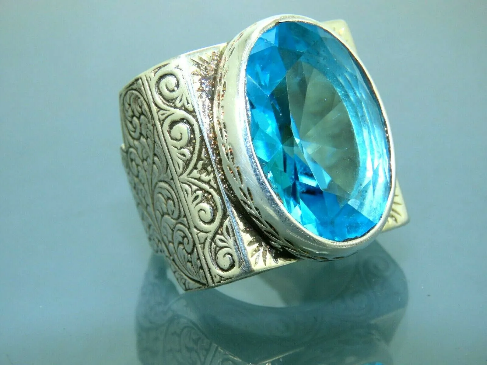 Turkish Handmade Jewelry 925 Sterling Silver Aquamarine Stone Mens Rings